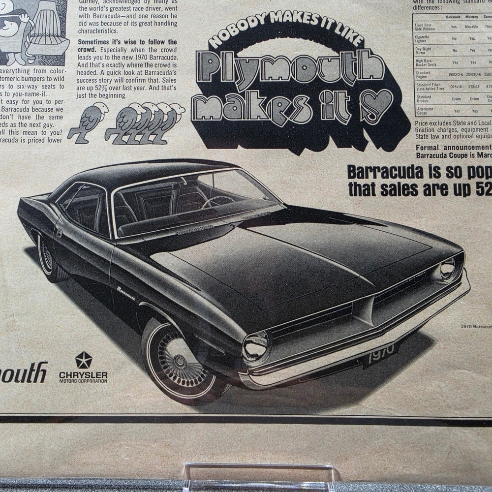 Plymouth‎ Barracuda 1970 Vintage original Print Ad Muscle Car Art Excellent